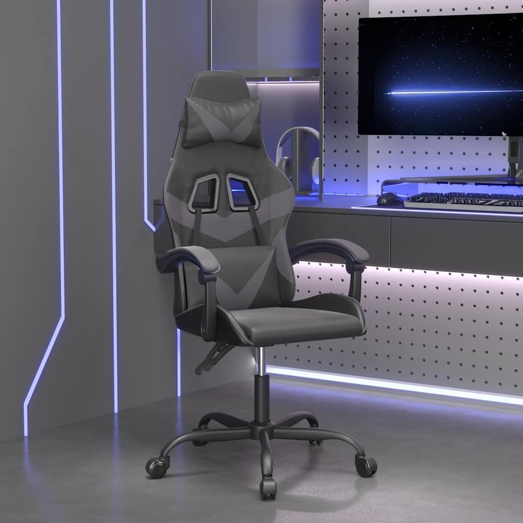 vidaXL Въртящ гейминг стол черно и сиво изкуствена кожа