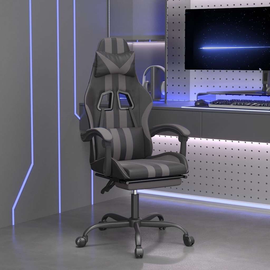 vidaXL Въртящ гейминг стол опора за крака черно-сив изкуствена кожа