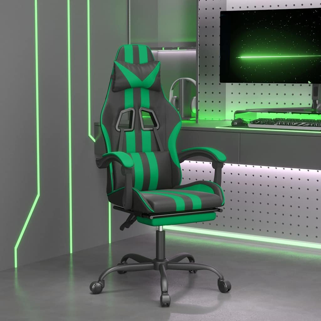 vidaXL Въртящ гейминг стол опора за крака черно-зелен изкуствена кожа