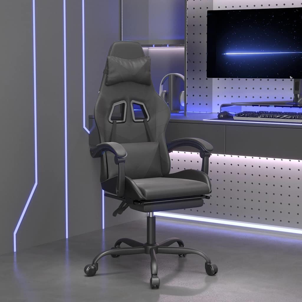 vidaXL Въртящ гейминг стол с опора за крака черен изкуствена кожа
