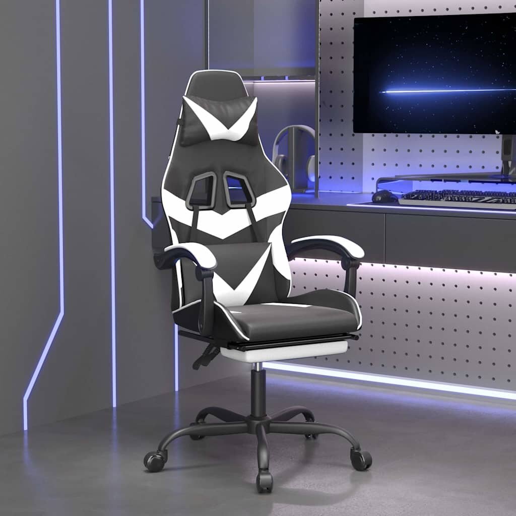 vidaXL Въртящ гейминг стол с опора за крака черно-бял изкуствена кожа