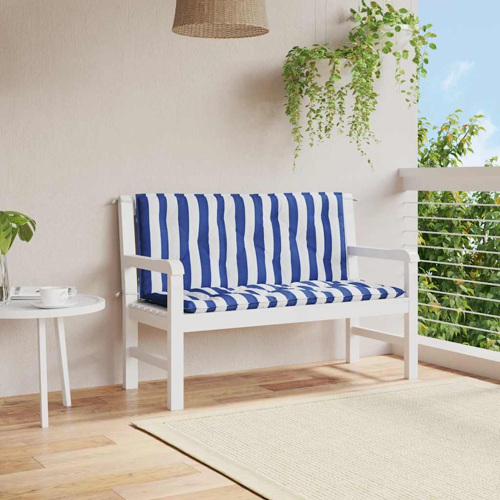 vidaXL Възглавници за външни пейки 2 бр синьо-бели 120x50x7 см плат