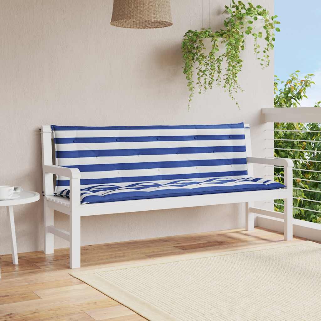 vidaXL Възглавници за външни пейки 2 бр синьо-бели 150x50x7 см плат