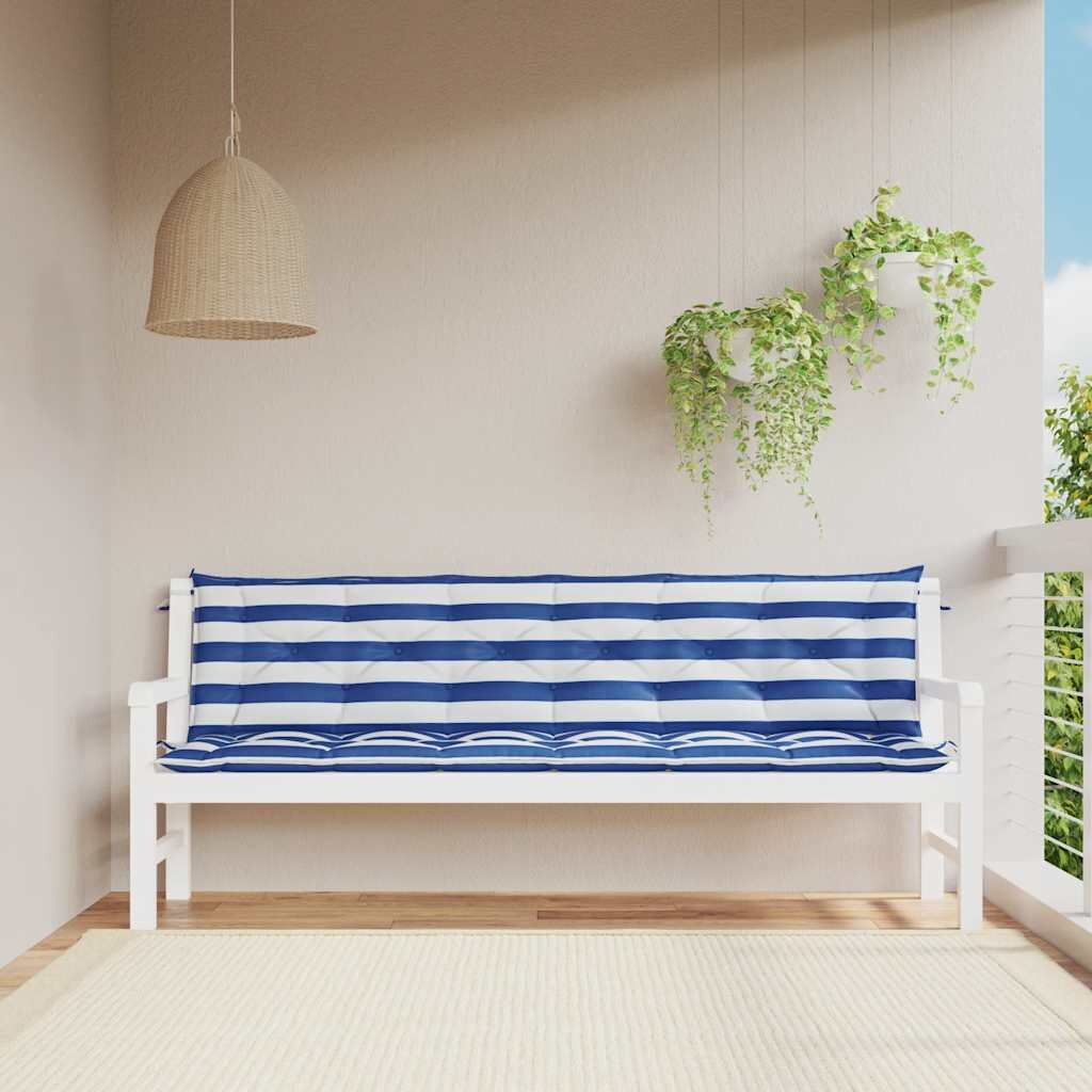 vidaXL Възглавници за външни пейки 2 бр синьо-бели 200x50x7 см плат