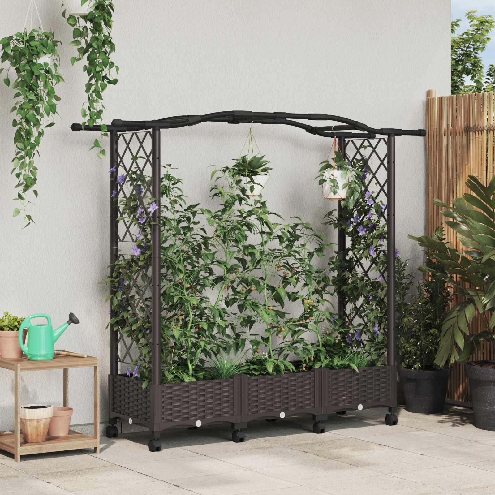 vidaXL Вдигната градина с решетка и колела Кафяво 169 x 40 x 129 см ПП