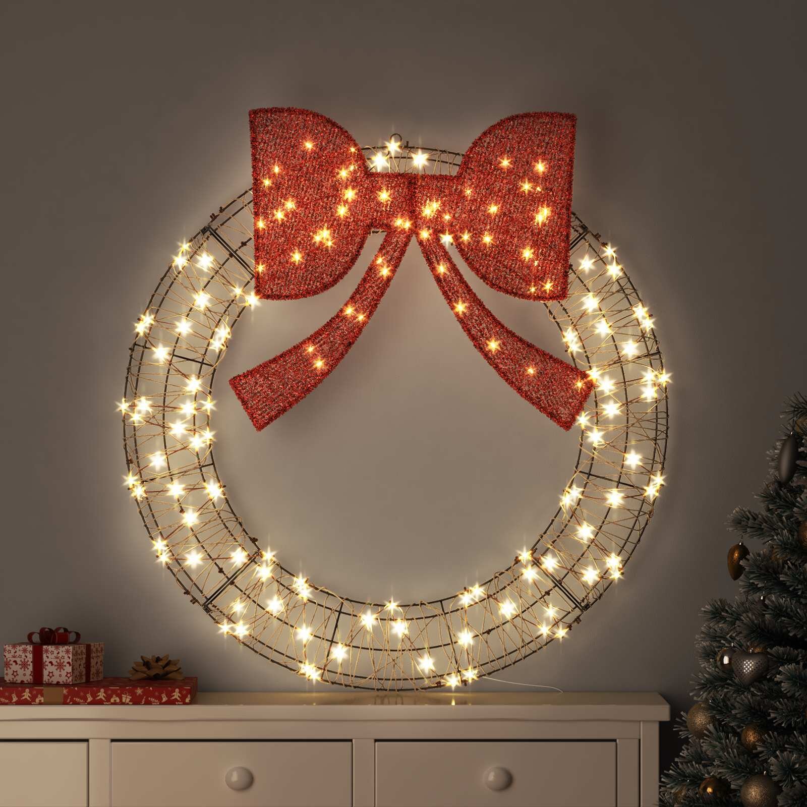 vidaXL Венец 150 LED светодиода Топло бяло 121 x 121 x 10 см Ратан