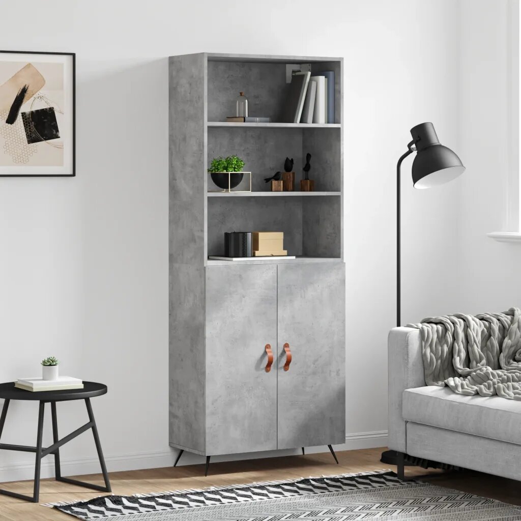 vidaXL Висок шкаф бетонно сив 695x34x180 см инженерно дърво