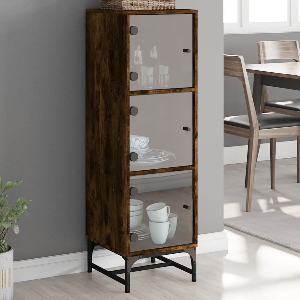 vidaXL Висок шкаф със стъклена врати опушен дъб 35x37x120 см