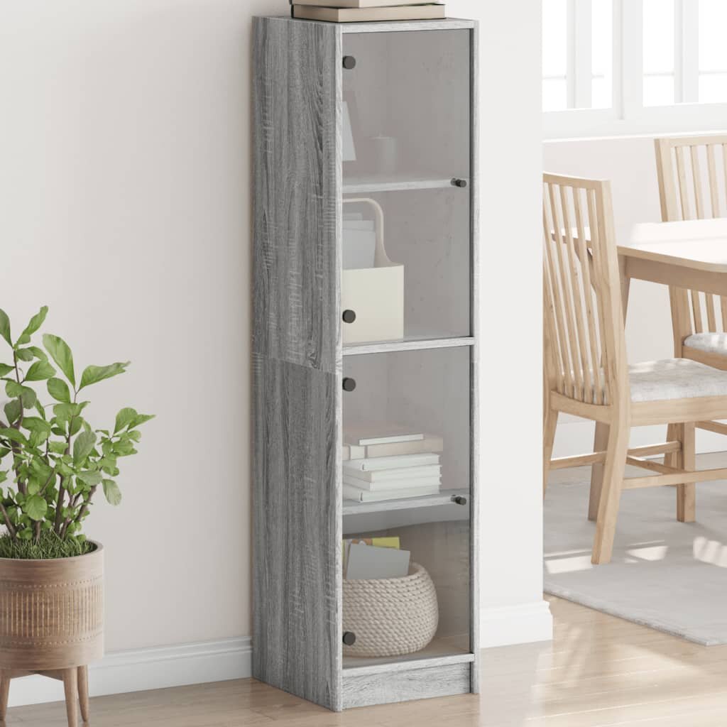 vidaXL Висок шкаф със стъклена врати сив сонома 35x37x142 см