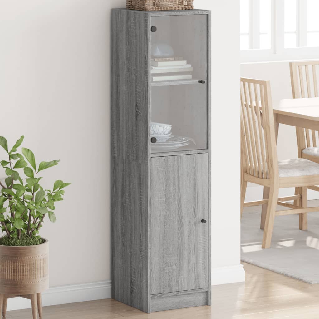 vidaXL Висок шкаф със стъклени врата сив сонома 35x37x142 см