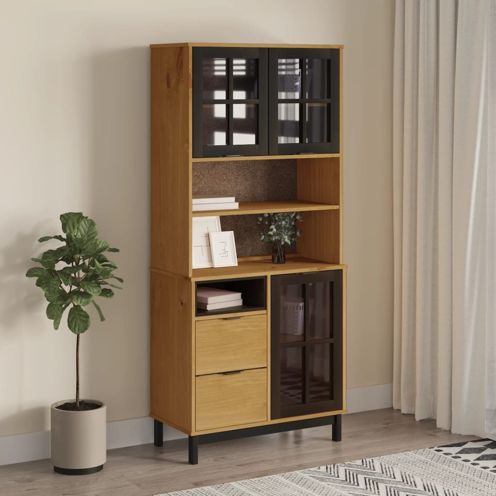 vidaXL Висок шкаф със стъклени врати FLAM 80x40x180 см бор масив