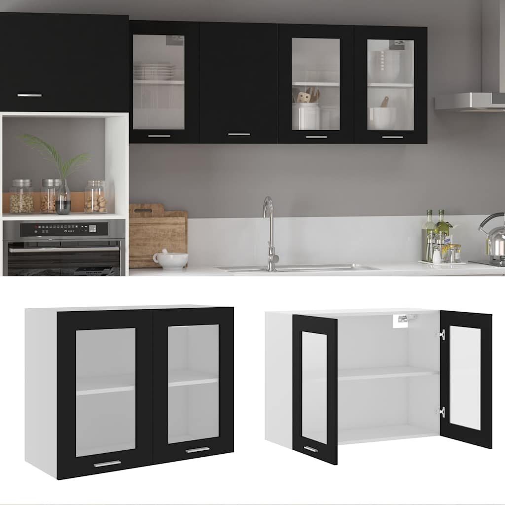 vidaXL Висящ стъклен шкаф "Lyon" черен 80x31x60 см инженерно дърво