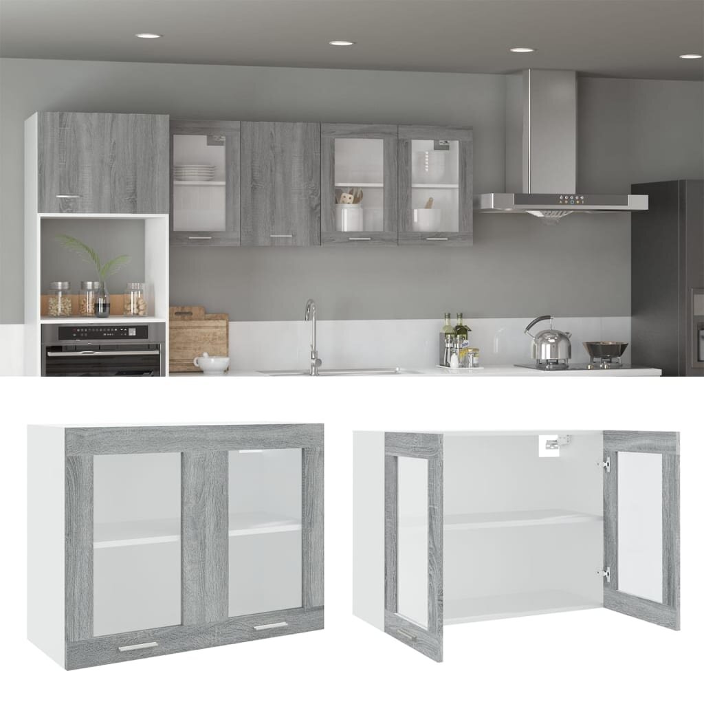 vidaXL Висящ стъклен шкаф "Lyon" сив цвят сонома 80x31x60 см инженерно дърво