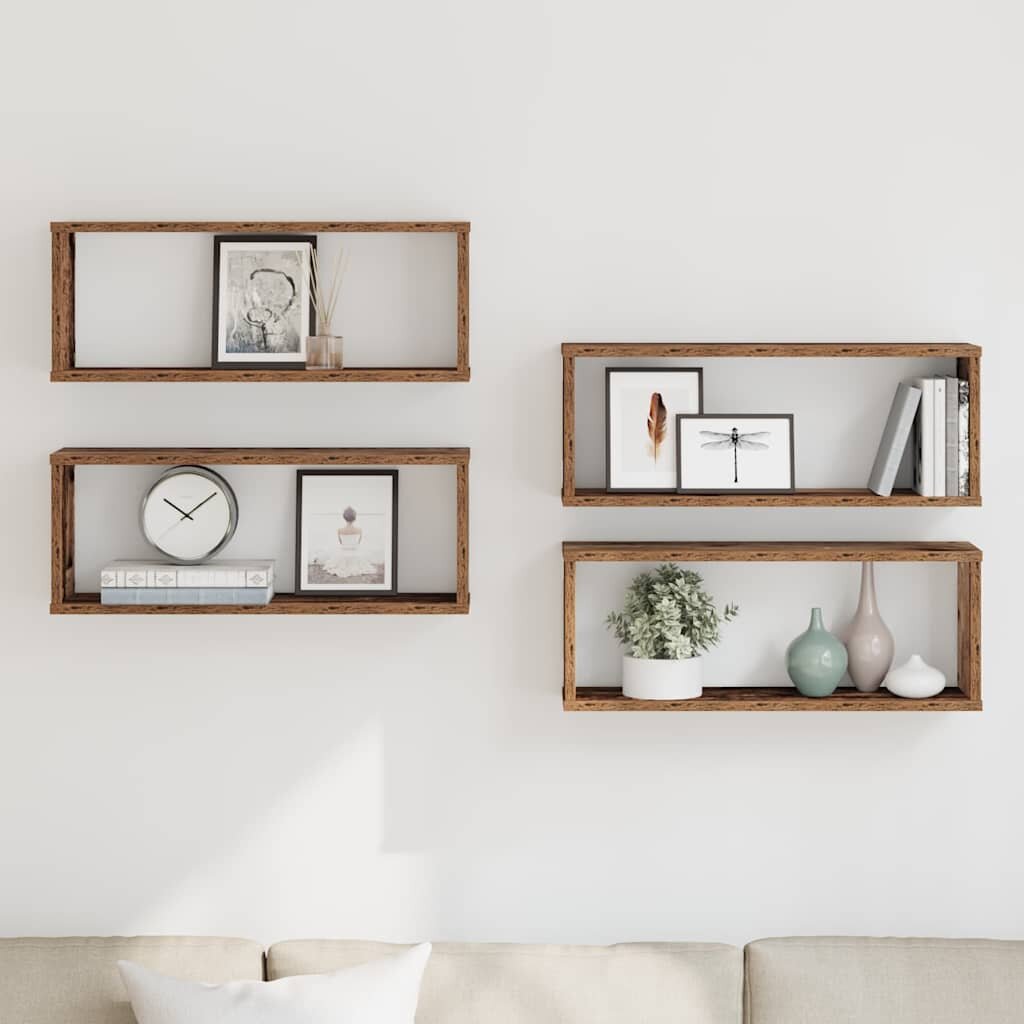 vidaXL Wall Cube Shelves 4 бр. старо дърво 60x15x23 cm