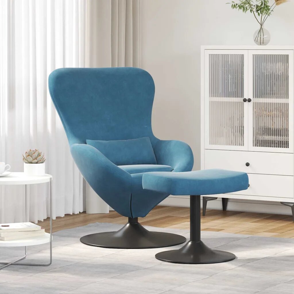 vidaXL Яйцевиден стол с столче with Footstool Синьо Кадифе