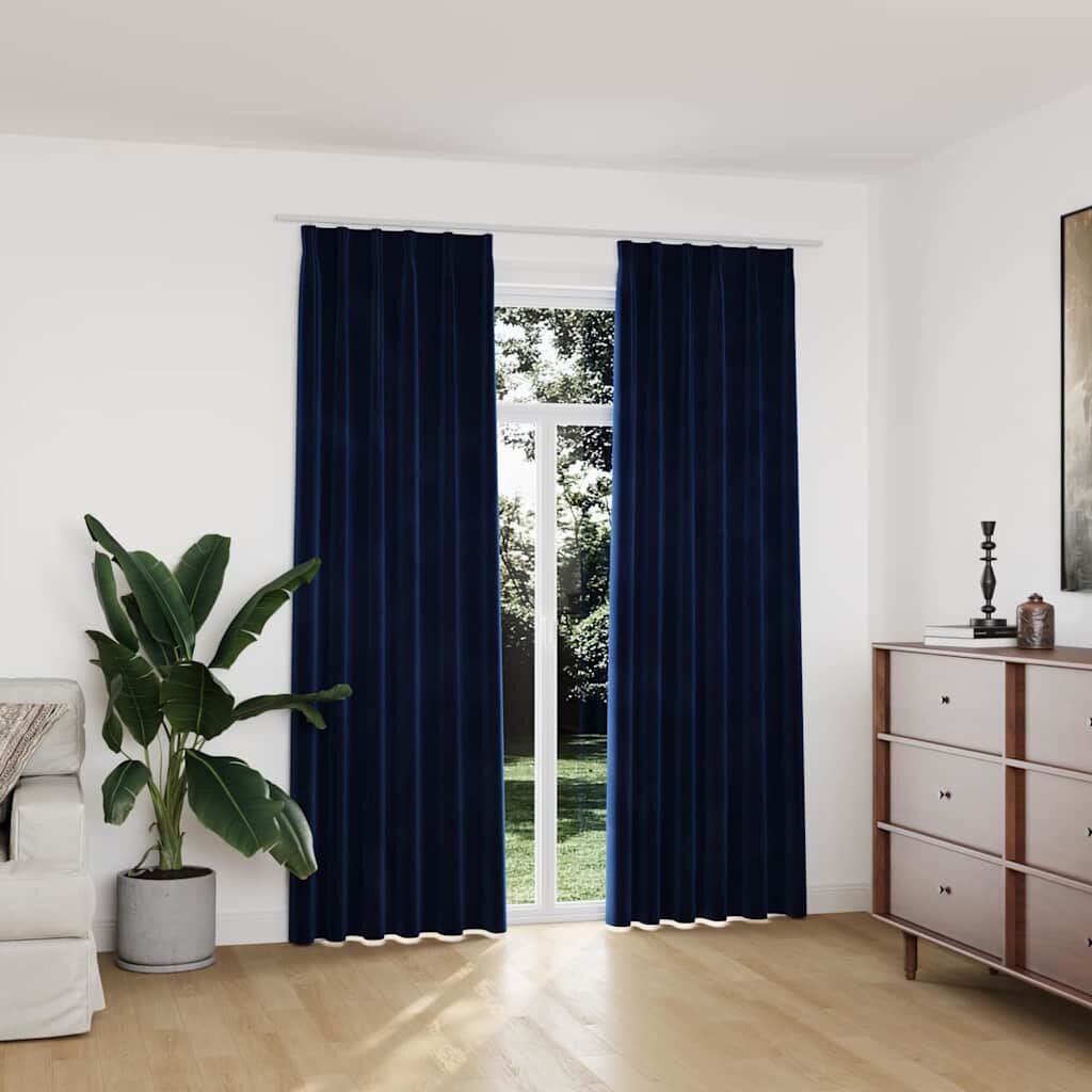 vidaXL Затъмняващи завеси с куки 2 бр кадифе тъмносини 140x225 см