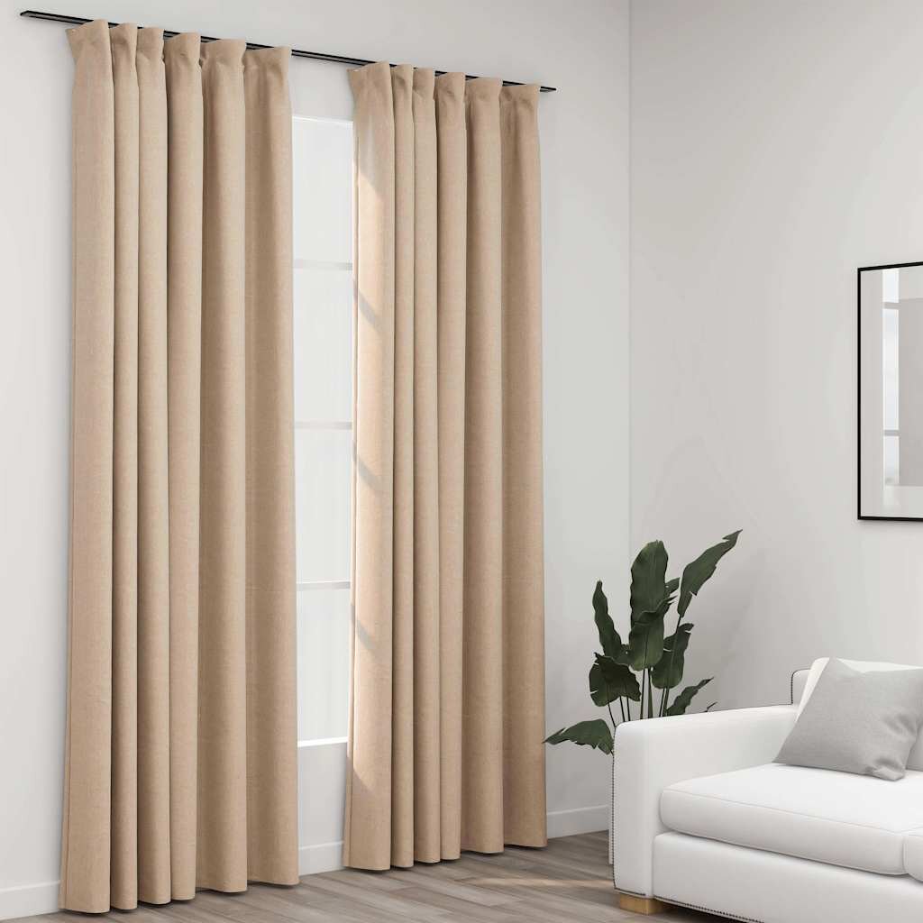 vidaXL Затъмняващи завеси с куки имитация лен 2 бр бежови 140x225 см