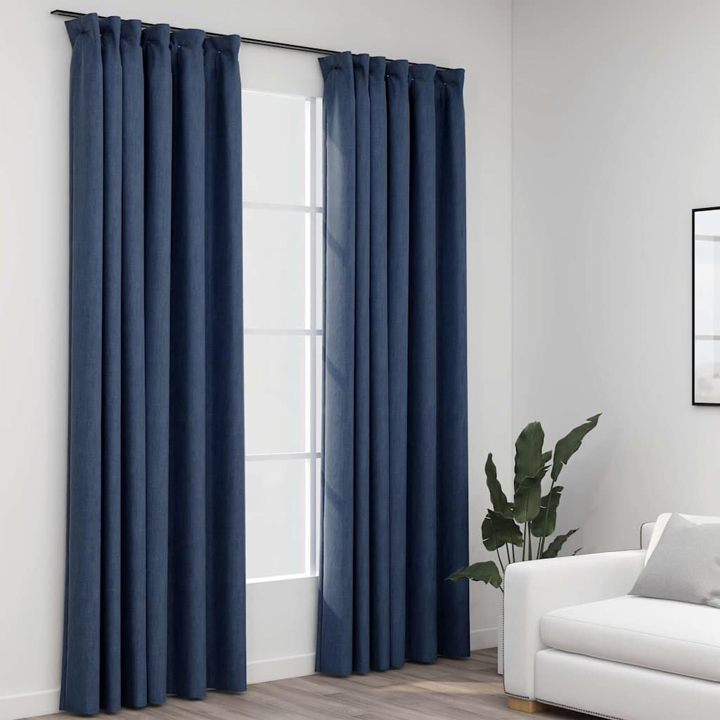 vidaXL Затъмняващи завеси с куки имитация лен 2 бр сини 140x225 см