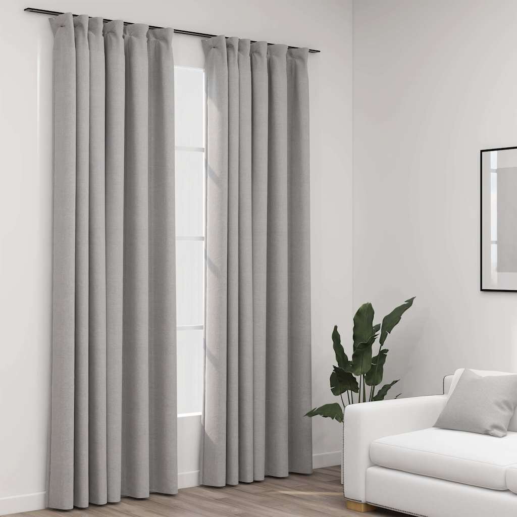 vidaXL Затъмняващи завеси с куки имитация лен 2 бр сиви 140x245 см